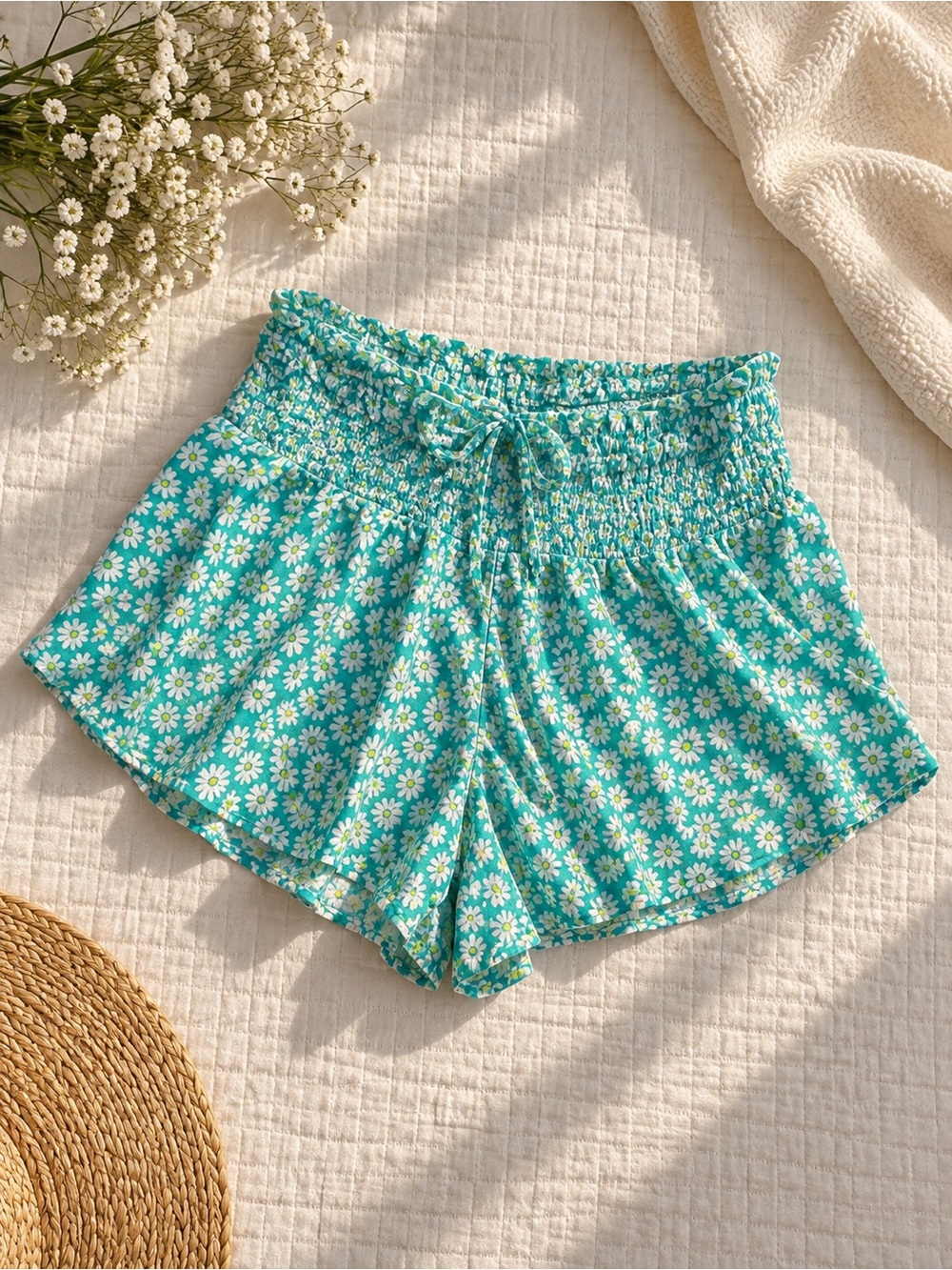 Zara Turquoise Daisy Print Smocked-Waist Kids Shorts